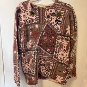 Magnolia floral print patchwork sequin wool angora blend sweater size soft fuzzy